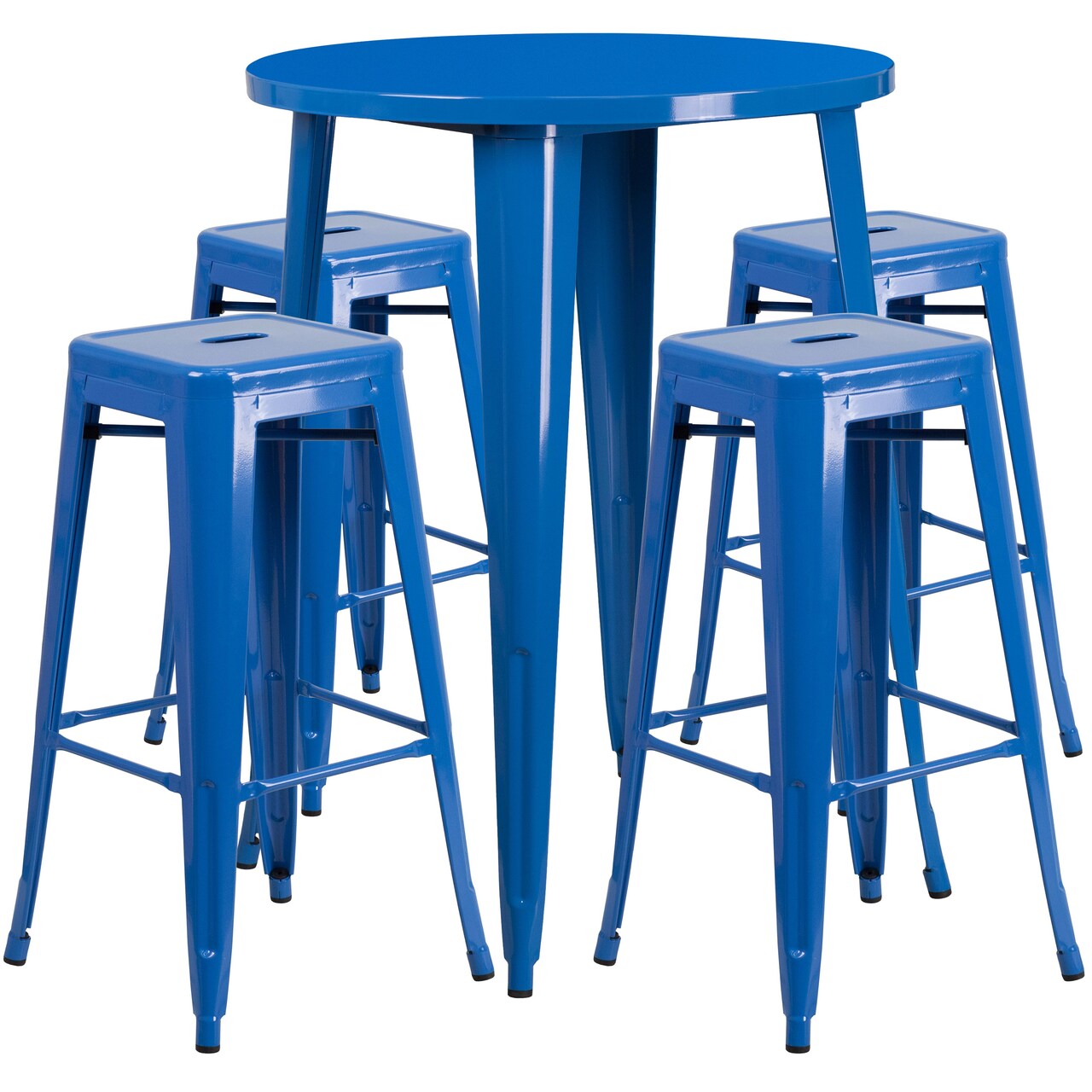 Emma and Oliver Commercial Grade 30" Round Metal Indoor-Outdoor Bar Table Set, 4 Backless Stools